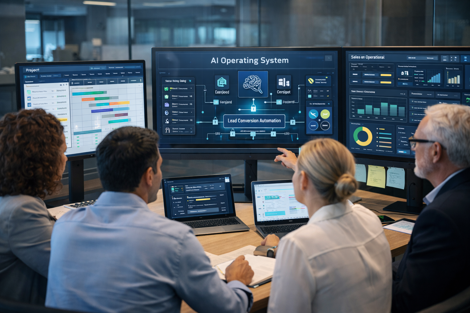 small business team using an AI powered operations dashboard to manage workflows data and digital business systems